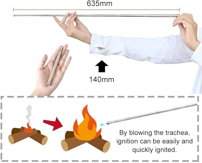 Tubo de fogo de sopro, fole de fogo dobrável, fole de fogo ao ar livre, tubo de fogo de aço inoxidável, sopradores telescópicos tubos para cozinhar piquenique, campismo, caminhadas, 2 peças