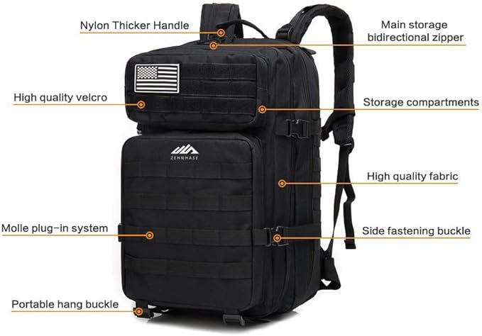 Zehnhase Mochila tática impermeável 45 L, grande capacidade, nylon, 600D, vários bolsos para caminhadas, acampar, montanhismo, caça, ar livre, ciclismo, entre outras atividades