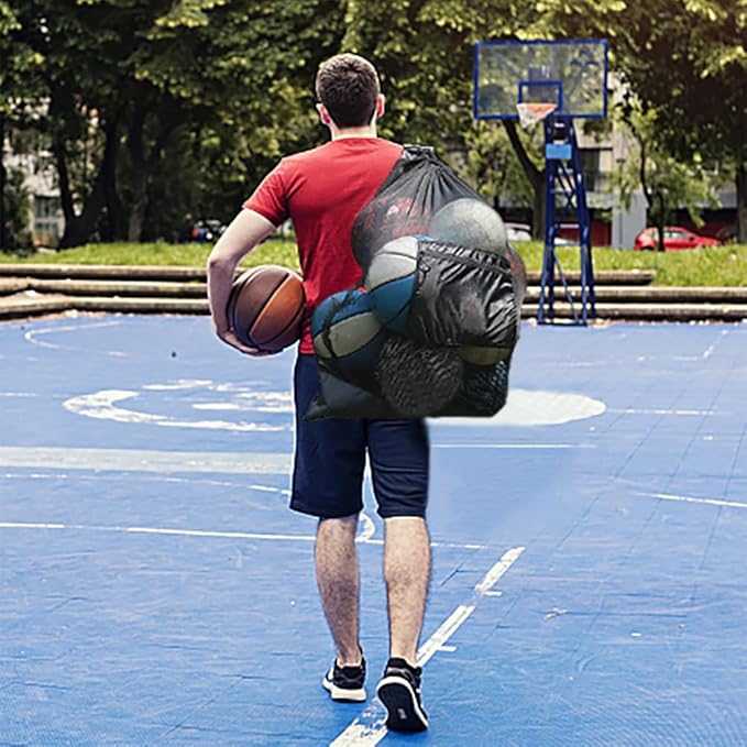 TRKETK Extra grande bolsa de bola de malha, com cordão para 10-15 bolas acessórios desportivos saco de malha para bolas com fecho de cordão para basquetebol, futebol, voleibol (preto)