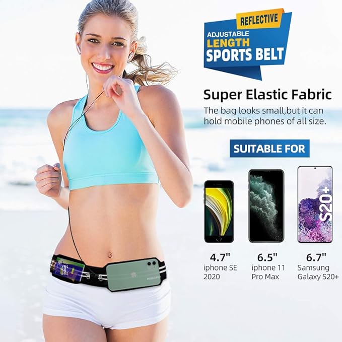 Bolsa de cintura Running Homem e Mulher Bolsa desportiva cinto telemóvel Running Belt refletor cinto de correr mala cintura para telemóvel Phone para fitness desportos bicicleta viajar ginásio, Preto,