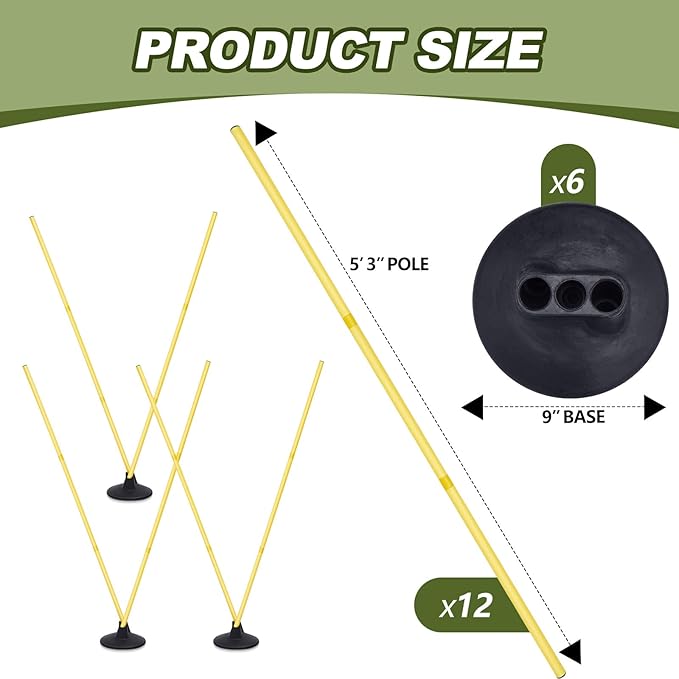 Wenqik Conjunto de 12 bastões de agilidade de futebol com 6 bases removíveis, poste de velocidade de treino de futebol altamente visível, amarelo, equipamento de treino de velocidade e agilidade,