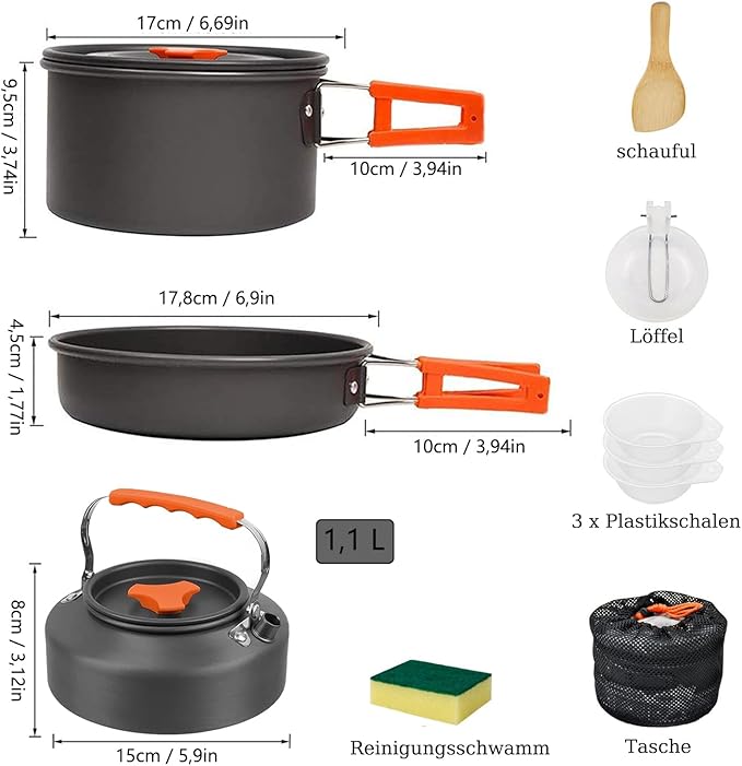 Utensílios cozinha Camping Kit, 10 artigos frigideira para acampar, com bolsa com cordão, para exteriores, campismo, piquenique (2 a 3 pessoas)