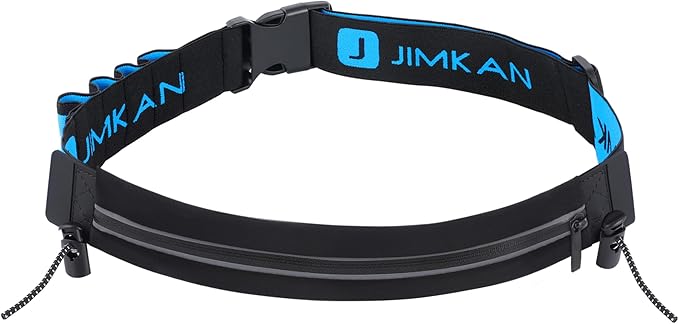 JIMKAN Cinto de corrida, maratonas Race cinto impermeável com tira refletora e orifício para auriculares, bolsa de cintura desportiva correia ajustável para desportos e maratonas, Preto, MEDIUM, Vento