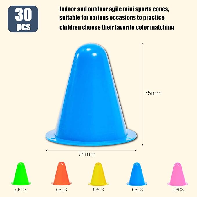 XianzhanEU 30 cones de sinalização de 7,5 cm, cones de obstáculo para crianças, futebol, desportos, equitação, treino de cães (amarelo/vermelho/verde/azul/rosa)