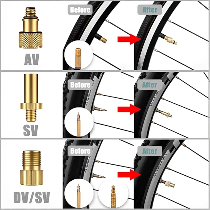 XFentech Adaptador de válvula de bicicleta de 15 peças - adaptador DV AV SV válvula Presta Schrader válvula adaptador para compressor bomba de pé/moldura para inchar bicicletas