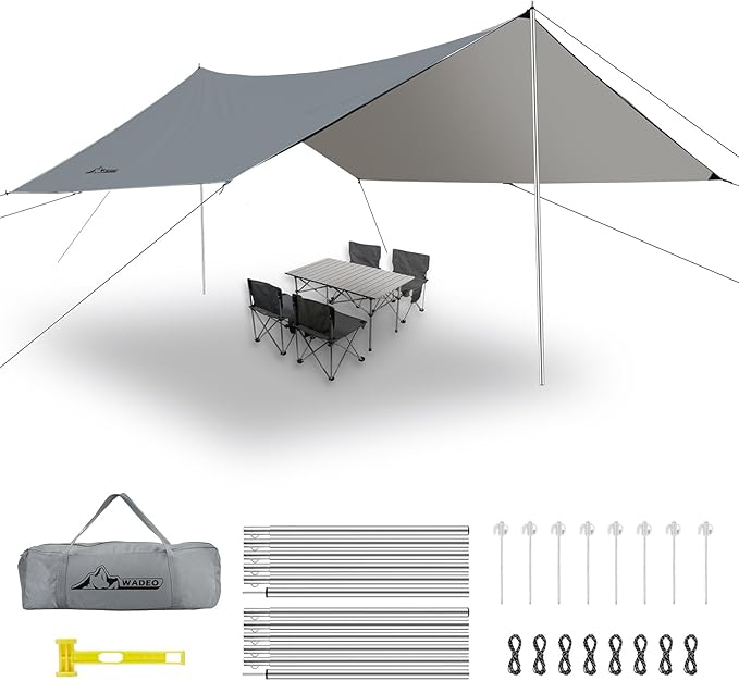 WADEO Lona para tenda de campanha, 3 x 4 m, lona impermeável e ultraleve com postes de apoio pinos + cordas, para campismo, caminhadas e piqueniques