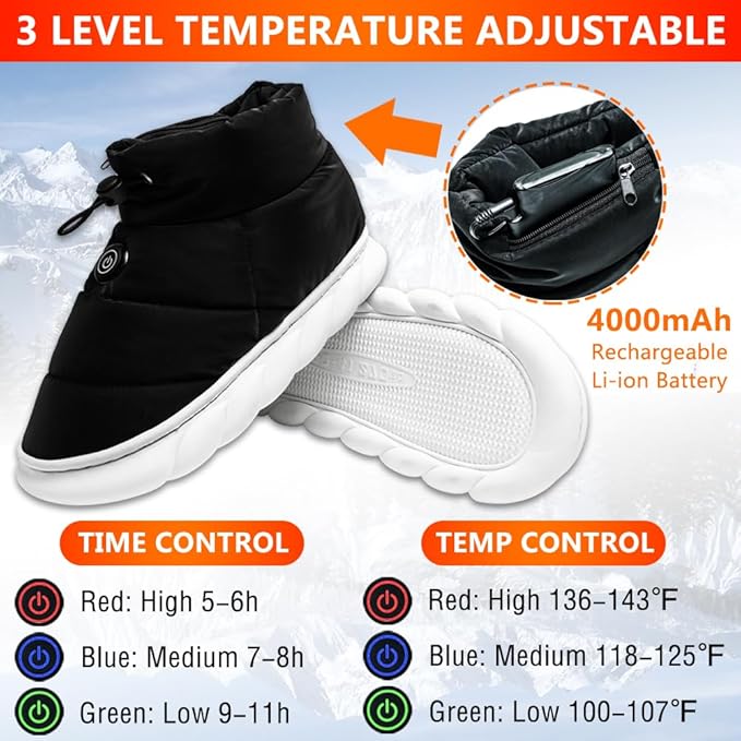 ZONSUSE Sapatos aquecedores elétricos, sapatilhas aquecidas, aquecedor de pés recarregáveis, 3,7 V 4000 mAh sapatos quentes elétricos, com 3 níveis de calor, com adaptador UE