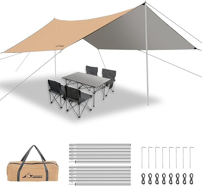 WADEO Lona para tenda de campanha, 3 x 4 m, lona impermeável e ultraleve com postes de apoio pinos + cordas, para campismo, caminhadas e piqueniques