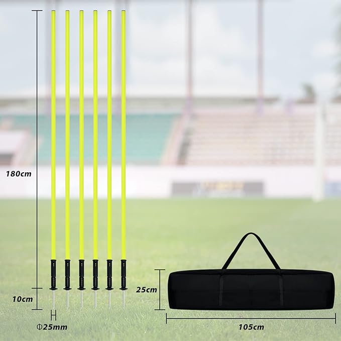 XMTECH Conjunto de 6 barras de slalom de 1,8 m com ponta de metal de 10 cm de comprimento e bolsa de transporte, barras de agilidade para treino de futebol