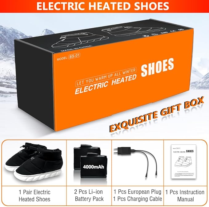 ZONSUSE Sapatos aquecedores elétricos, sapatilhas aquecidas, aquecedor de pés recarregáveis, 3,7 V 4000 mAh sapatos quentes elétricos, com 3 níveis de calor, com adaptador UE