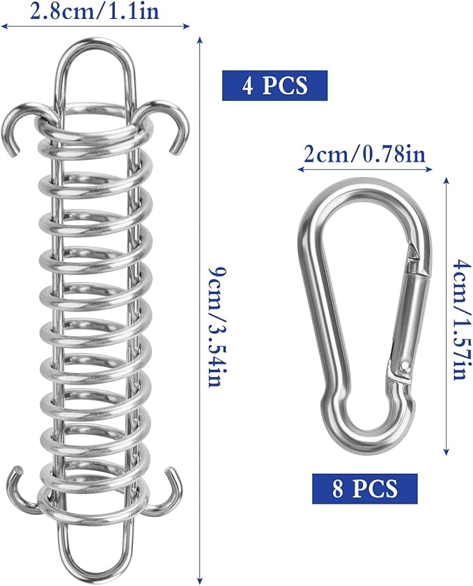 Towviy Tensor de mola, tensão molas de loja, mola tensão molas aço inoxidável loja tensor mola tração mola serviço pesado corda conjunto de 8 peças mosquetão para campismo