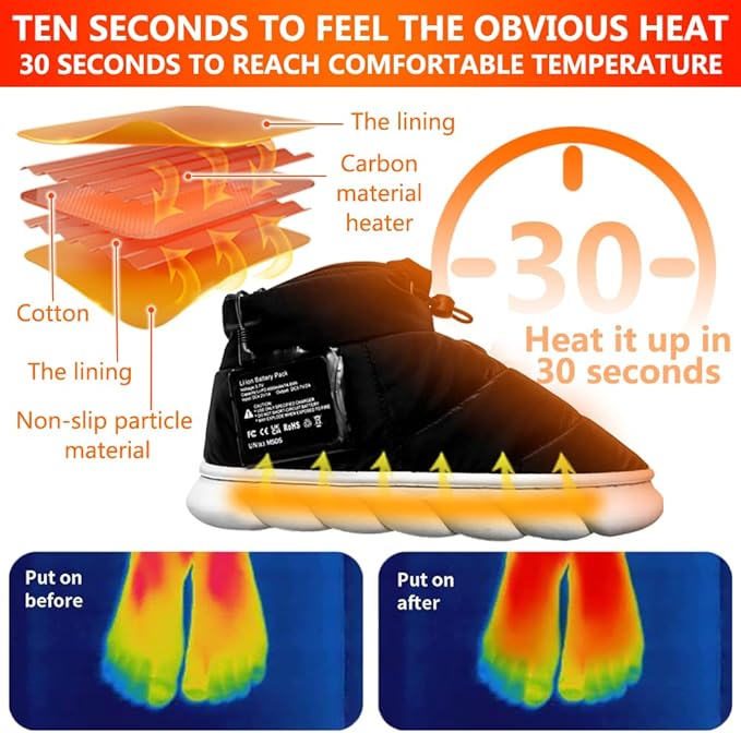 ZONSUSE Sapatos aquecedores elétricos, sapatilhas aquecidas, aquecedor de pés recarregáveis, 3,7 V 4000 mAh sapatos quentes elétricos, com 3 níveis de calor, com adaptador UE