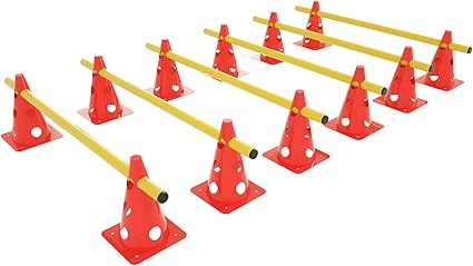 UISEBRT Sports - Conjunto de 6 obstáculos de agilidade (12 cones e 6 barras, treino de coordenação para crianças, cães, desportos em equipa, futebol, altura do cone multifuncional: 32 cm, barra: 100