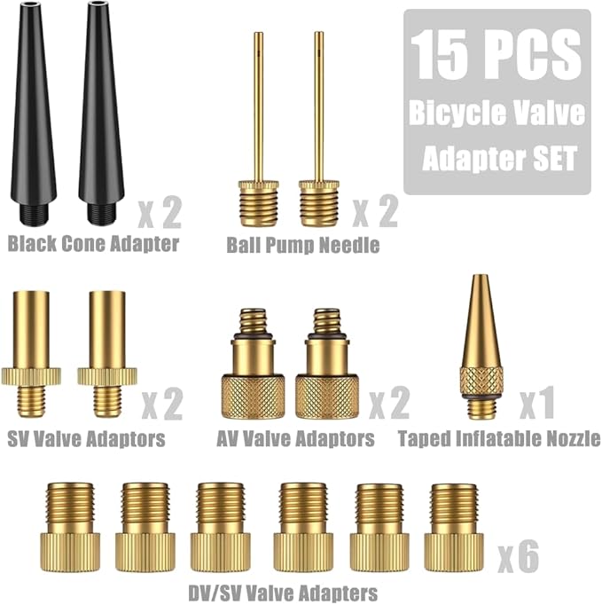 XFentech Adaptador de válvula de bicicleta de 15 peças - adaptador DV AV SV válvula Presta Schrader válvula adaptador para compressor bomba de pé/moldura para inchar bicicletas