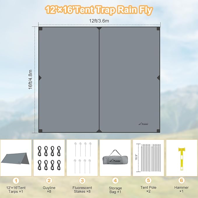 WADEO Lona para tenda de campanha, 3 x 4 m, lona impermeável e ultraleve com postes de apoio pinos + cordas, para campismo, caminhadas e piqueniques