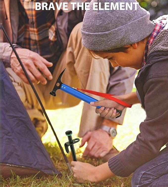 LATERN Martelo para acampar com gancho, 30 cm martelo de tenda de alumínio ao ar livre martelo de estaca multifuncional para tenda de campanha com saco de armazenamento com cordão (azul)