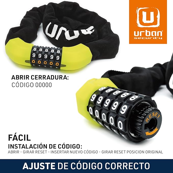 URBAN UR890 Cadeado de bicicleta anti-roubo, corrente dissuasiva com código 5 dígitos mais seguro, elos de aço ø8 mm mais grossos e resistentes com capa de nylon para bicicleta Scooter skate bicicleta