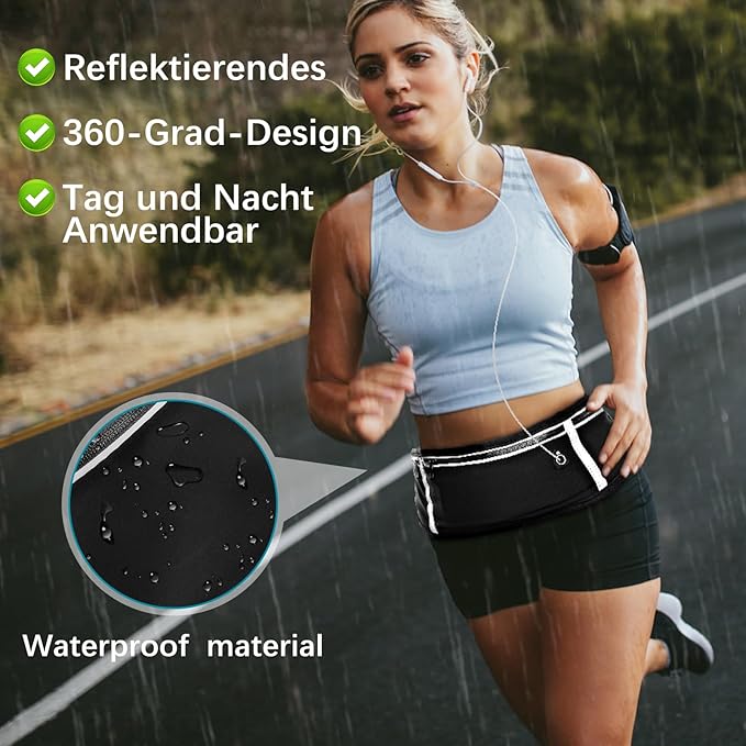 WuGU Cinto para corrida, bolsa de cintura desportiva impermeável ajustável com tiras refletoras, cinto de corrida com orifício auriculares, cinto de fitness para desporto, viagens, ar livre, unissexo,