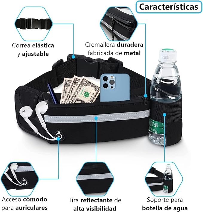 DORNNA® Bolsa de cintura Running para homem e mulher, bolsa de cintura impermeável desportiva ou viagem, cinto elástico e ajustável., Preto, MEDIUM