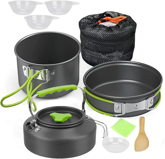 Utensílios cozinha Camping Kit, 10 artigos frigideira para acampar, com bolsa com cordão, para exteriores, campismo, piquenique (2 a 3 pessoas)