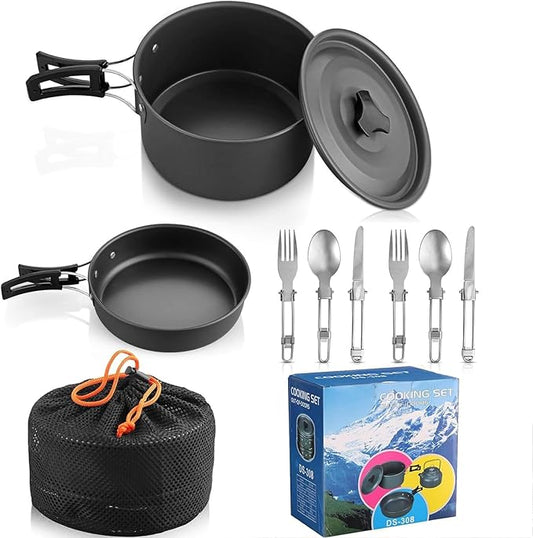 Utensílios de cozinha para campismo HOMGEN conjunto de panelas e frigideiras para acampar conjunto de cozinha de alumínio para 1-2 kit campismo com talheres para fogão a gás para campismo, piquenique,