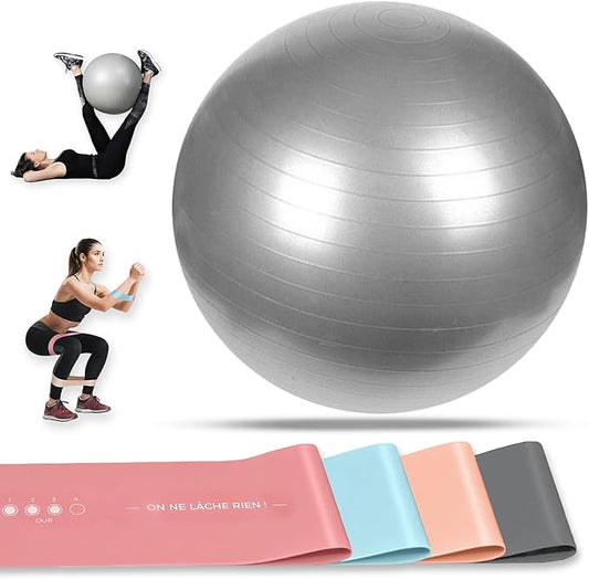 Xelassy ® Bola de pilates de 65 cm e borrachas elásticas para musculação, fitness, ioga, exercício com bola grávida e ginásio em casa. 4 faixas elásticas musculação + futebol com bomba de ar Incl.