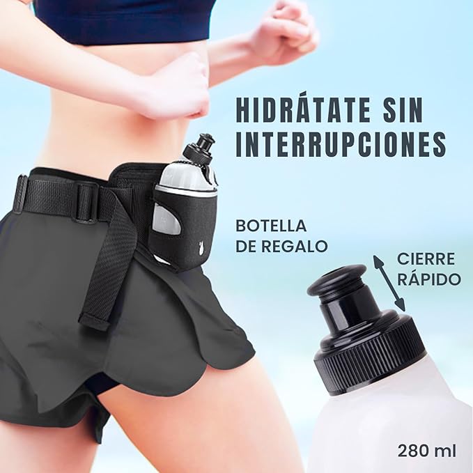 Bolsa de cintura Running e garrafa de água desportiva. Cinto de corrida com garrafeira e bolsos para telemóvel e acessórios. Ideal para corrida, caminhadas, trekking, ciclismo e ginásio., Preto