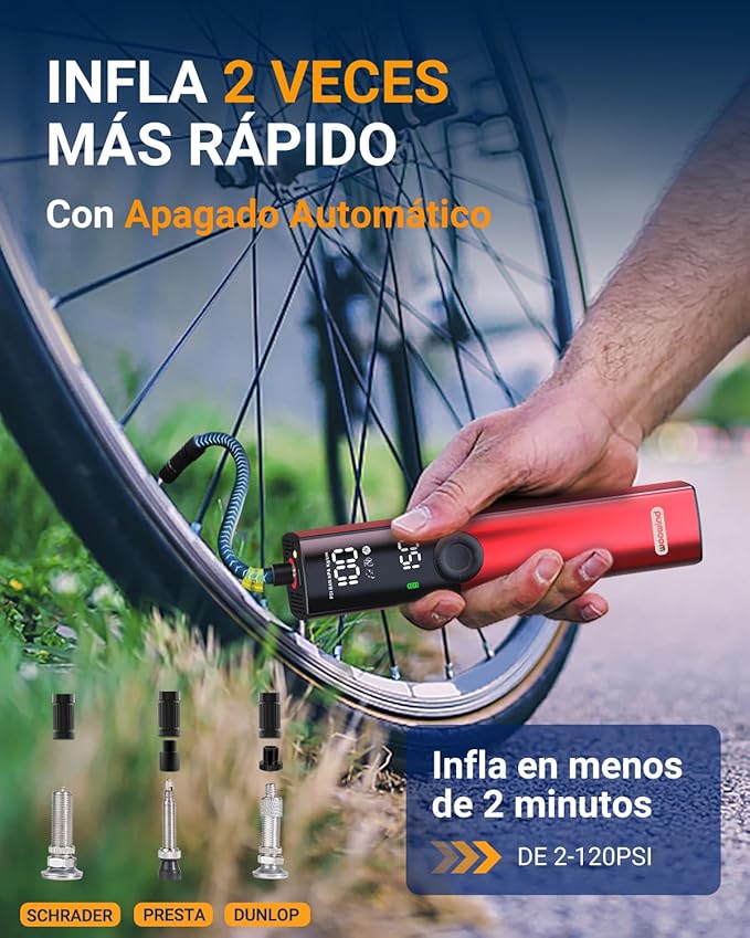 Woowind BP188 Bomba de ar bicicleta insuflador elétrico compressor ar portátil, compressor de ar carro desligado automático com válvula presta e Schrader, 120 PSI ~ 150 PSI e recarregável