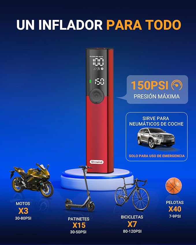 Woowind BP188 Bomba de ar bicicleta insuflador elétrico compressor ar portátil, compressor de ar carro desligado automático com válvula presta e Schrader, 120 PSI ~ 150 PSI e recarregável