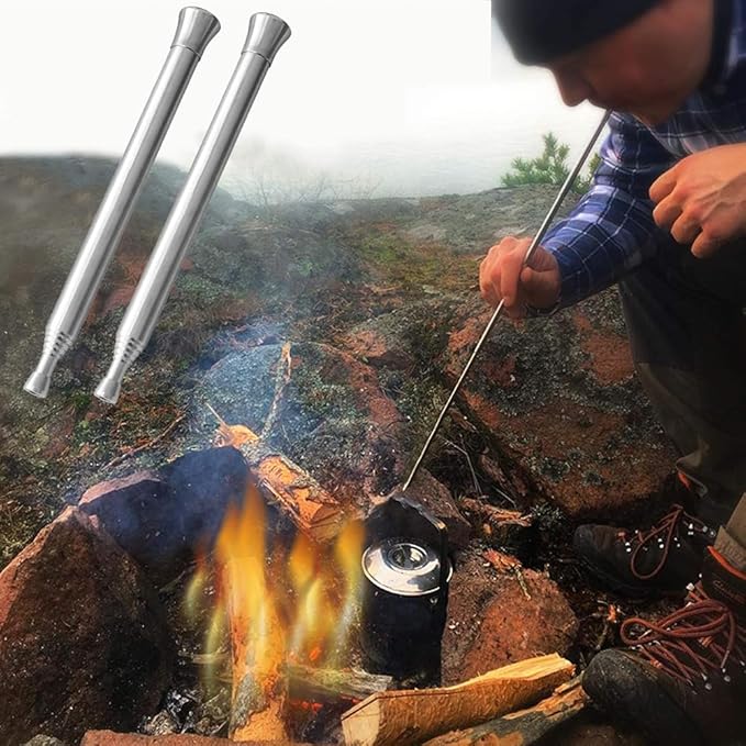 Tubo de fogo de sopro, fole de fogo dobrável, fole de fogo ao ar livre, tubo de fogo de aço inoxidável, sopradores telescópicos tubos para cozinhar piquenique, campismo, caminhadas, 2 peças