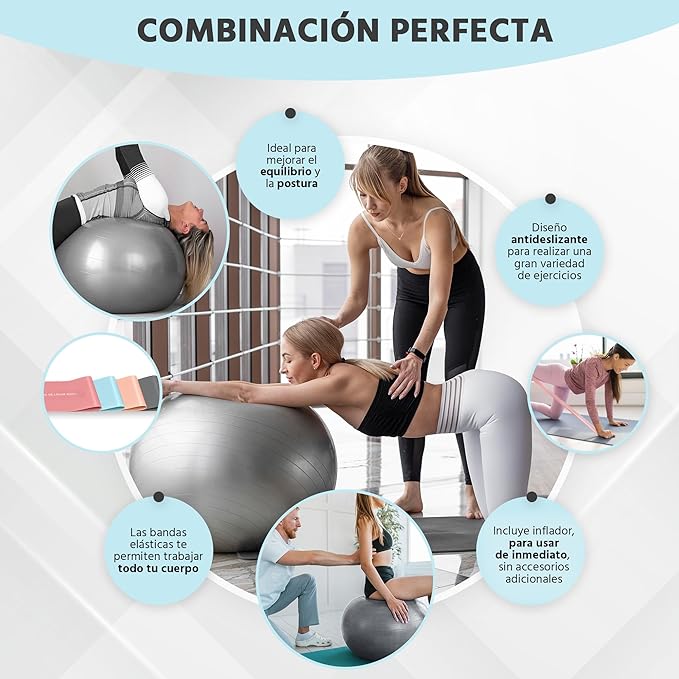 Xelassy ® Bola de pilates de 65 cm e borrachas elásticas para musculação, fitness, ioga, exercício com bola grávida e ginásio em casa. 4 faixas elásticas musculação + futebol com bomba de ar Incl.