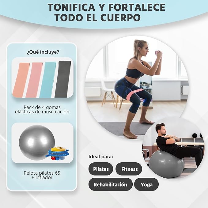 Xelassy ® Bola de pilates de 65 cm e borrachas elásticas para musculação, fitness, ioga, exercício com bola grávida e ginásio em casa. 4 faixas elásticas musculação + futebol com bomba de ar Incl.