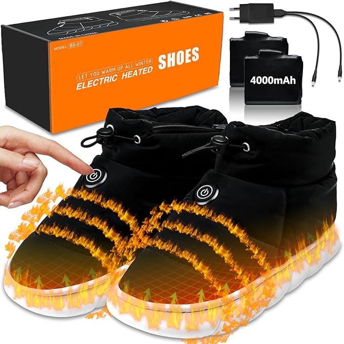 ZONSUSE Sapatos aquecedores elétricos, sapatilhas aquecidas, aquecedor de pés recarregáveis, 3,7 V 4000 mAh sapatos quentes elétricos, com 3 níveis de calor, com adaptador UE