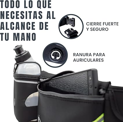 Bolsa de cintura Running e garrafa de água desportiva. Cinto de corrida com garrafeira e bolsos para telemóvel e acessórios. Ideal para corrida, caminhadas, trekking, ciclismo e ginásio., Preto