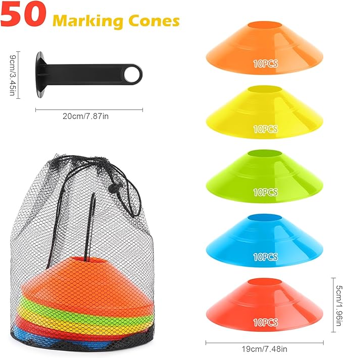 VFANDV Conjunto de cones de futebol, 50 peças cones de treino cones de disco 5 cores cones de agilidade redondos, marcação de manchas cones de disco para treino de futebol