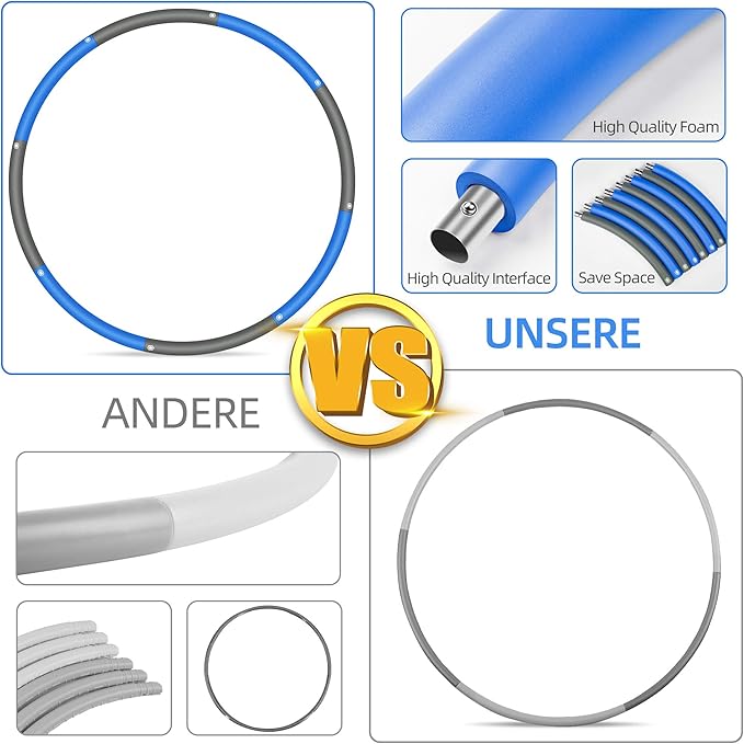 Wanap Aro de exercício com peso 1,2 kg, aro de exercício de 8 secções para adultos com perda de peso de 95 cm, aros com peso de aço inoxidável com mini fita métrica (azul cinzento)