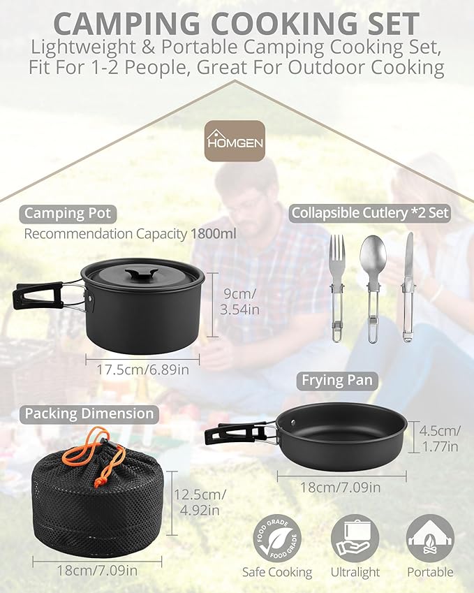 Utensílios de cozinha para campismo HOMGEN conjunto de panelas e frigideiras para acampar conjunto de cozinha de alumínio para 1-2 kit campismo com talheres para fogão a gás para campismo, piquenique,