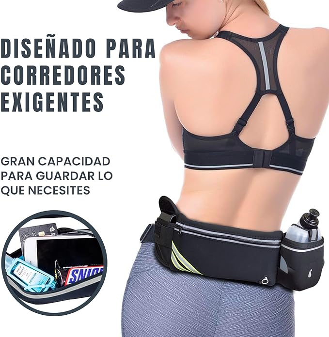 Bolsa de cintura Running e garrafa de água desportiva. Cinto de corrida com garrafeira e bolsos para telemóvel e acessórios. Ideal para corrida, caminhadas, trekking, ciclismo e ginásio., Preto