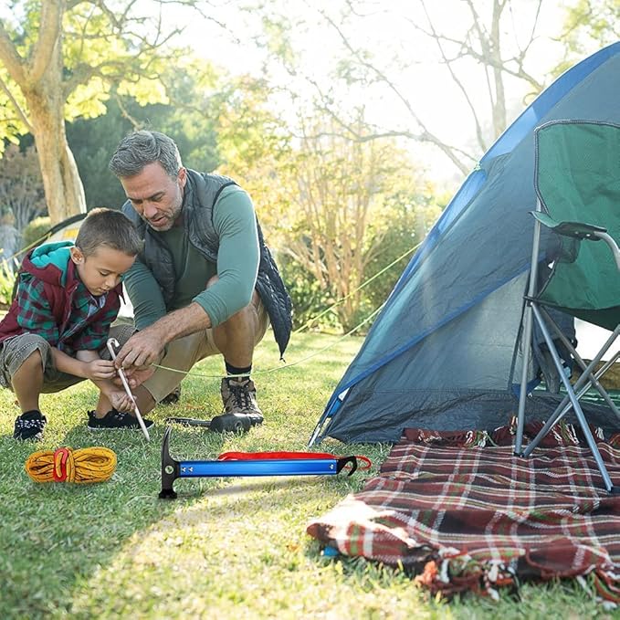 LATERN Martelo para acampar com gancho, 30 cm martelo de tenda de alumínio ao ar livre martelo de estaca multifuncional para tenda de campanha com saco de armazenamento com cordão (azul)