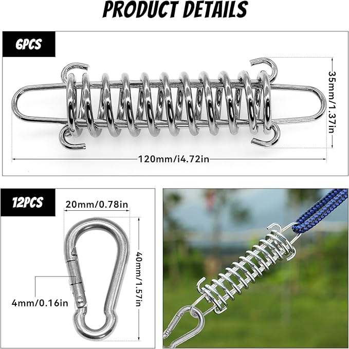 ZHIYUQL 6 unidades molas de tensão, fivelas de mola em aço inoxidável com 12 mosquetões, molas de tensão de alta resistência para toldo de tenda de campismo