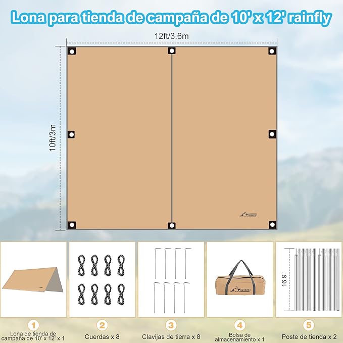 WADEO Lona para tenda de campanha, 3 x 4 m, lona impermeável e ultraleve com postes de apoio pinos + cordas, para campismo, caminhadas e piqueniques