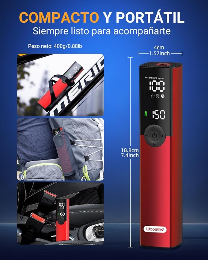 Woowind BP188 Bomba de ar bicicleta insuflador elétrico compressor ar portátil, compressor de ar carro desligado automático com válvula presta e Schrader, 120 PSI ~ 150 PSI e recarregável