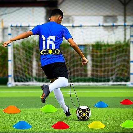 LBING Futebol Trainer cinto de treino de futebol com 10 cones de treino para bola de futebol, voleibol e rugby, presentes de futebol para crianças e adultos