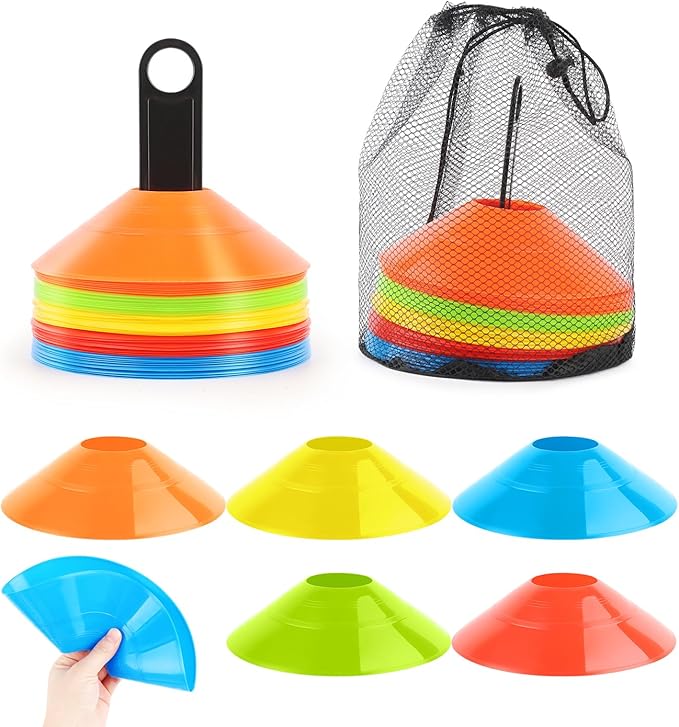 VFANDV Conjunto de cones de futebol, 50 peças cones de treino cones de disco 5 cores cones de agilidade redondos, marcação de manchas cones de disco para treino de futebol