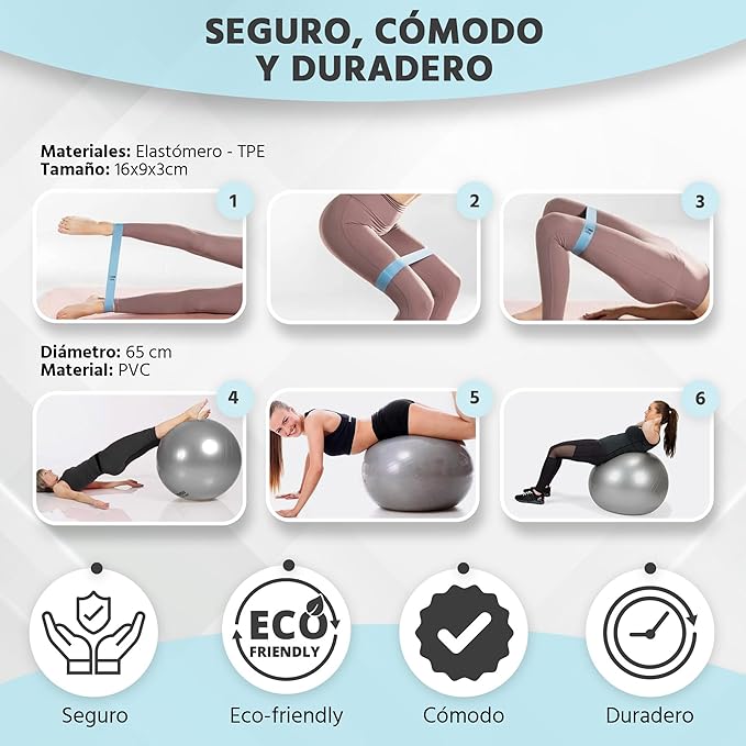 Xelassy ® Bola de pilates de 65 cm e borrachas elásticas para musculação, fitness, ioga, exercício com bola grávida e ginásio em casa. 4 faixas elásticas musculação + futebol com bomba de ar Incl.