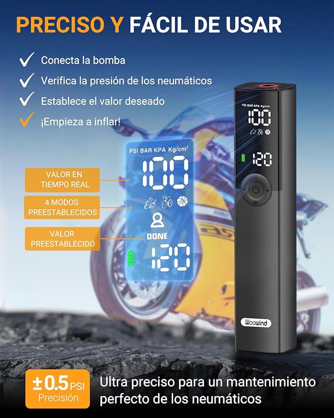 Woowind BP188 Bomba de ar bicicleta insuflador elétrico compressor ar portátil, compressor de ar carro desligado automático com válvula presta e Schrader, 120 PSI ~ 150 PSI e recarregável