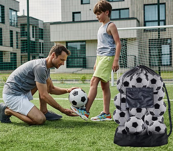 TRKETK Extra grande bolsa de bola de malha, com cordão para 10-15 bolas acessórios desportivos saco de malha para bolas com fecho de cordão para basquetebol, futebol, voleibol (preto)