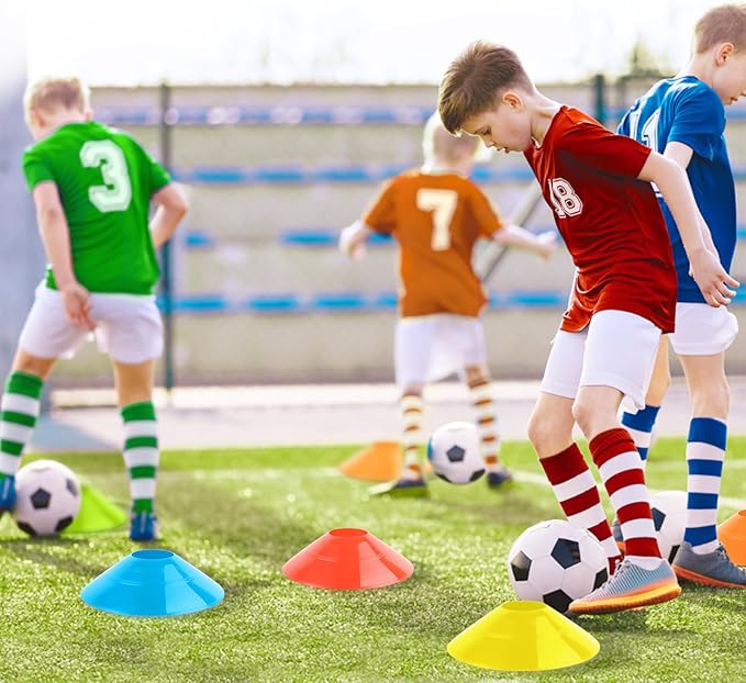 VFANDV Conjunto de cones de futebol, 50 peças cones de treino cones de disco 5 cores cones de agilidade redondos, marcação de manchas cones de disco para treino de futebol