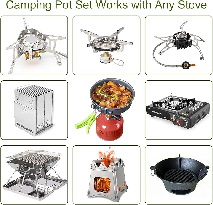 Utensílios cozinha camping, 14 peças Camping kit de portátil e leve, aço inoxidável, panelas e frigideiras para campismo, excursão, escalada, caminhadas