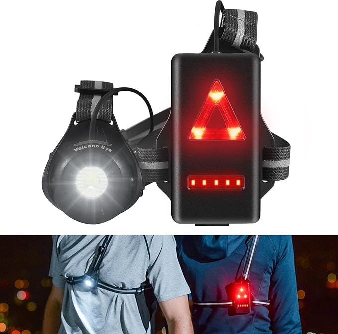 Volcano Eye Luz de corrida corrida corrida candeeiro de peito com feixe ajustável de 500 lúmenes frontal LED de segurança traseira recarregável USB impermeável para ciclismo corrida caça campismo